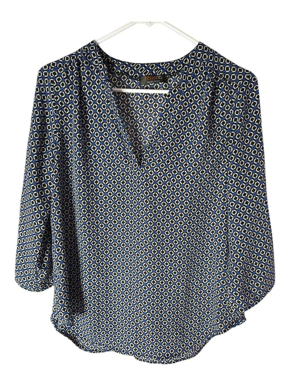 Renee C. Blue Geometric Split-Neck Blouse